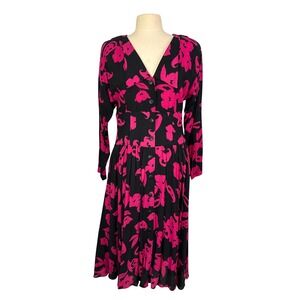 Patty O Neil Black Pink Floral Button Front Midi Dress Made in USA, 38 bust, M